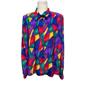 Vintage Button Up Shirt Womens Size L Geometric Disco Long Sleeve 70s 80s Multic